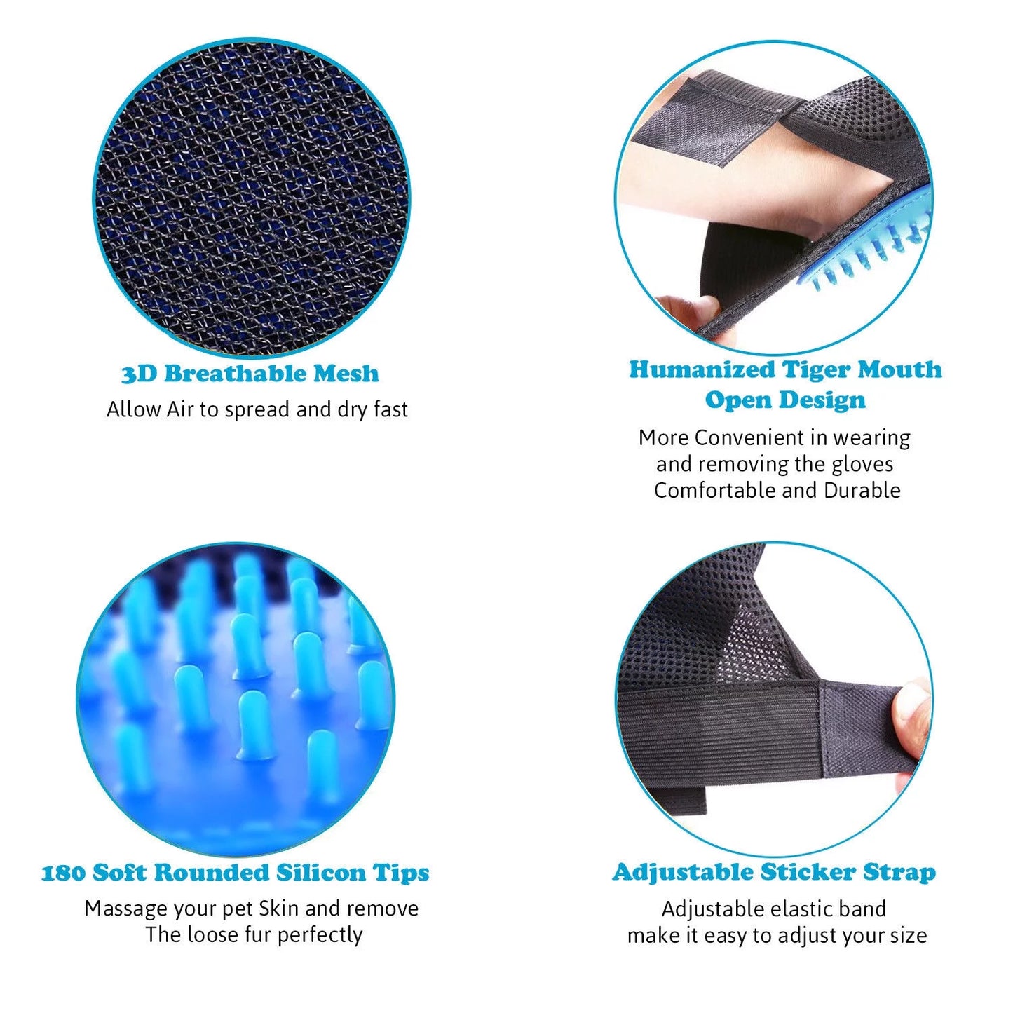 Pet Grooming Gloves for Dogs and Cats - Hair Remover Mitts with Massage and Deshedding, Blue (1 Pair)