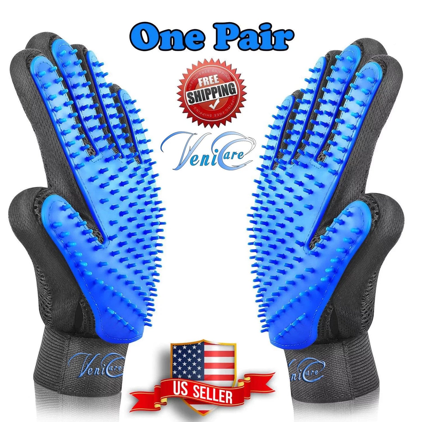 Pet Grooming Gloves for Dogs and Cats - Hair Remover Mitts with Massage and Deshedding, Blue (1 Pair)